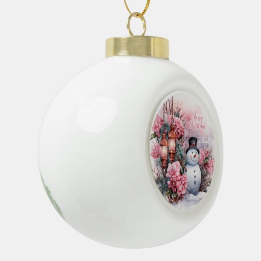 Sneeuwman Vrolijk Kerstfeest 2023 Keramische Bal Ornament (Links)