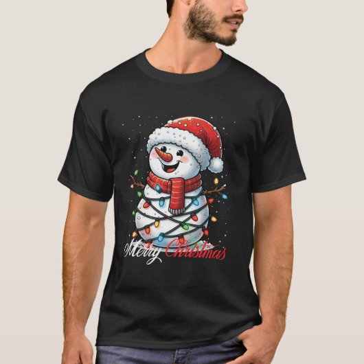 Sneeuwman Vrolijk Kerstlicht Kerstman Hoed Kerstsn T-shirt (Voorkant)