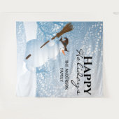 Sneeuwman vrolijke feestdagen familie groet achter wandkleed (Voorkant (horizontaal))