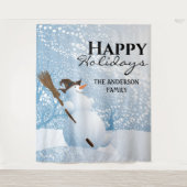 Sneeuwman vrolijke feestdagen familie groet achter wandkleed (Voorkant)