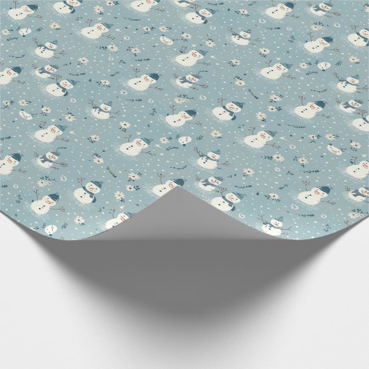 Sneeuwman W / Blue Petten & sjaals op Blue Floral Cadeaupapier (Hoek)