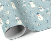 Sneeuwman W / Blue Petten & sjaals op Blue Floral Cadeaupapier (Rol Hoek)