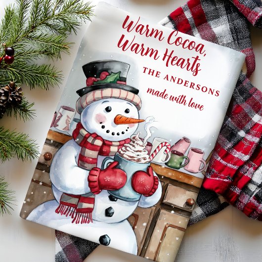 Sneeuwman Warm Cocoa Gepersonaliseerde Kerst Theedoek