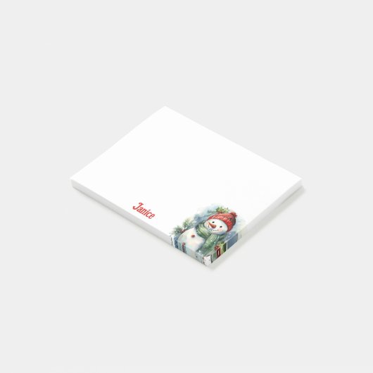 Sneeuwman Waterverf Naam toevoegen Schattige kerst Post-it® Notes (Schuin)