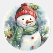 Sneeuwman Waterverf Schattige Kerstmis Ronde Sticker (Voorkant)