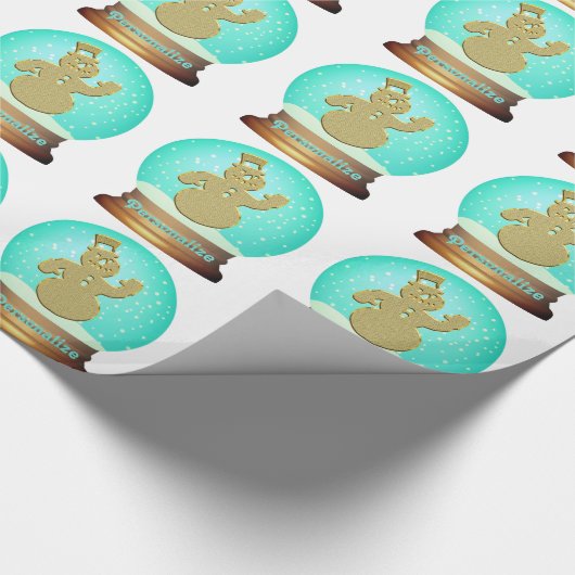 Sneeuwman wereldbol inpakpapier goud blauwgroen (Hoek)