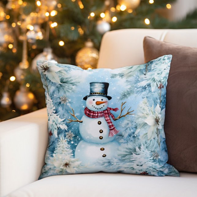 Sneeuwman Winter Sneeuw Buffel Plaid Kussen (Decorator pillow with a cute Christmas snowman wearing a buffalo plaid scarf and black top hat.)