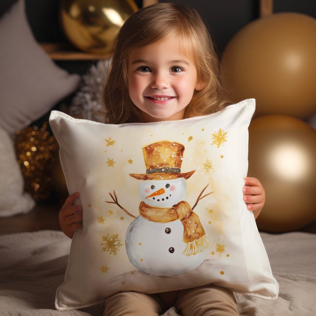 Sneeuwman Winter Sneeuw Goud Wit Kussen (Gold and white snowman Christmas pillow)