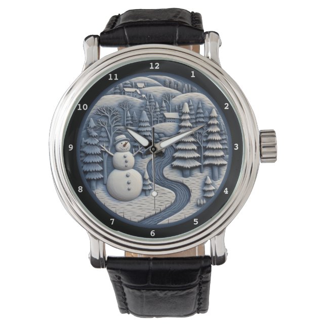 Sneeuwman Winterdorp Rivier Horloge (Voorkant)