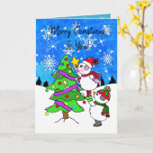 Sneeuwman zet ster op kerstboom kaart (Gele Bloem)