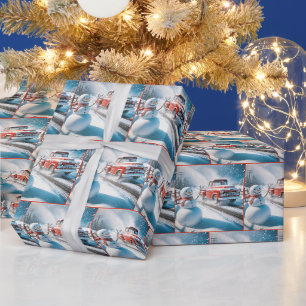 Sneeuwman zwaaien met een rode retro truck cadeaupapier