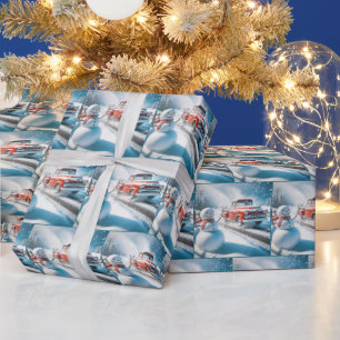 Sneeuwman zwaaien met een rode retro truck cadeaupapier