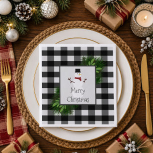 Sneeuwman Zwart Buffalo Plaid Papieren Servet
