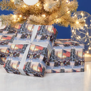 Sneeuwmanfamilie verzameld rond een vlaggemast cadeaupapier