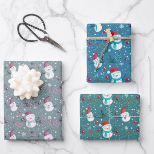 Sneeuwmannen Bessen Sneeuwvlokken Kerstmis Inpakpapier Vel