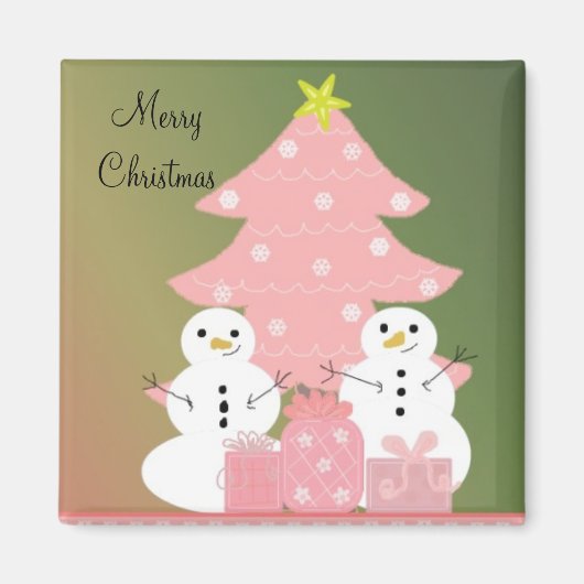 Sneeuwmannen bij een roze kerstboom magneet (Voorkant)