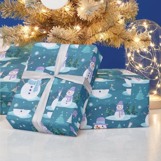 Sneeuwmannen bomen Sneeuwvlokken Modern Kerstmis Cadeaupapier (Feestdagen)