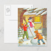Sneeuwmannen bouwen feestdagenkaart (Voorkant / Achterkant)