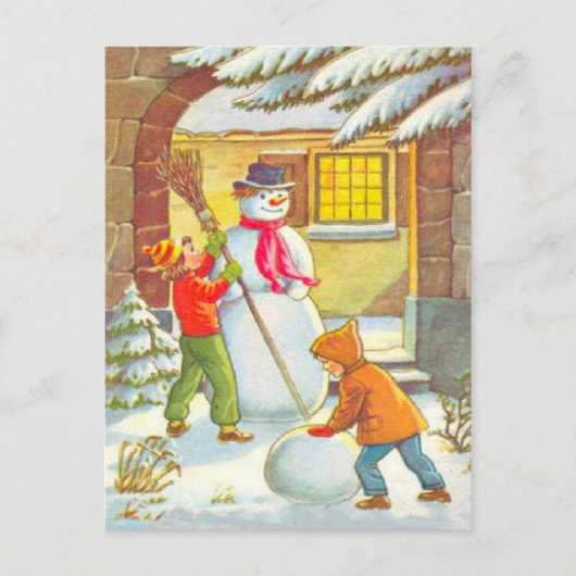Sneeuwmannen bouwen feestdagenkaart (Voorkant)