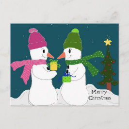 Sneeuwmannen die cadeautjes uitwisselen feestdagenkaart
