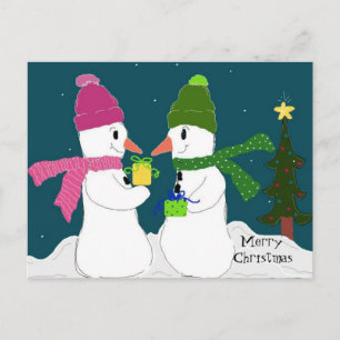 Sneeuwmannen die cadeautjes uitwisselen feestdagenkaart