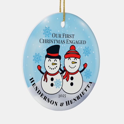 Sneeuwmannen eerste kerst verloofd keramisch ornament (Rechts)