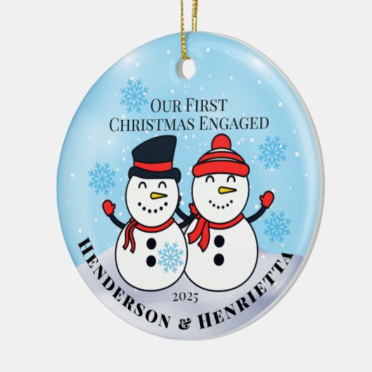 Sneeuwmannen eerste kerst verloofd keramisch ornament (Links)