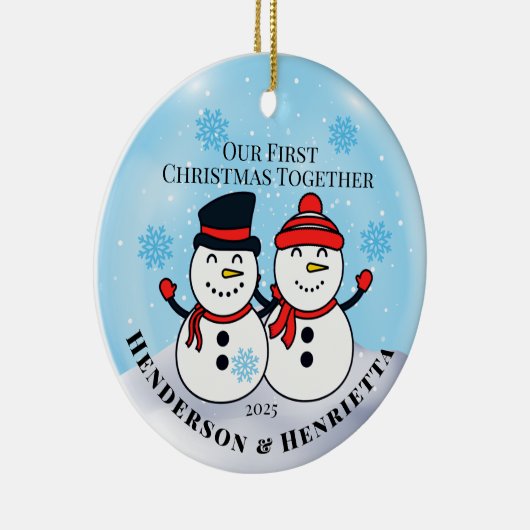 Sneeuwmannen eerste kerstdag samen keramisch ornament (Rechts)