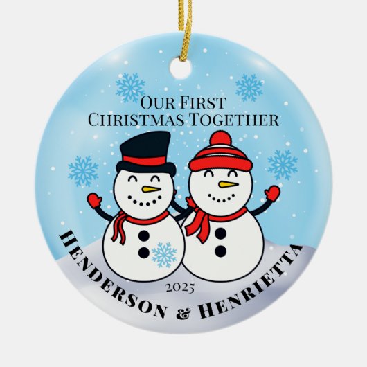 Sneeuwmannen eerste kerstdag samen keramisch ornament (Voorkant)