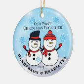 Sneeuwmannen eerste kerstdag samen keramisch ornament (Links)