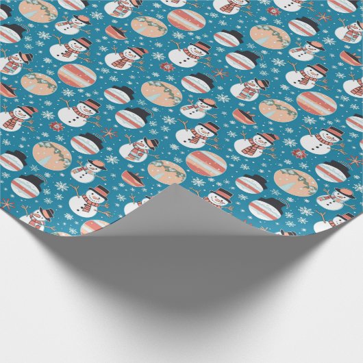 Sneeuwmannen en Kerstversieringen Blauwe Kerstmis Cadeaupapier (Hoek)