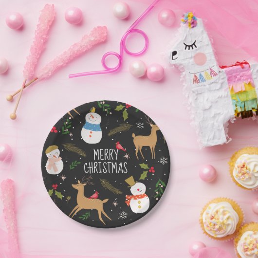 Sneeuwmannen en rendieren Kerstmis Papieren Bordje (Feest)