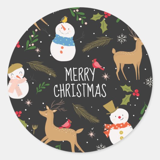 Sneeuwmannen en rendieren Kerstmis Ronde Sticker (Voorkant)