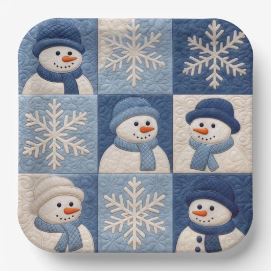 Sneeuwmannen en Sneeuwvlokken Quilt Patroon Papieren Bordje (Voorkant)