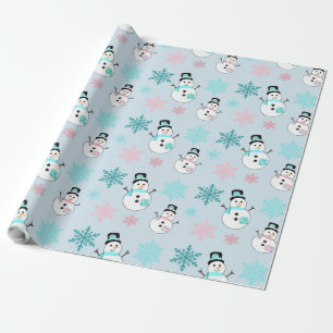 Sneeuwmannen en Sneeuwvlokken Turquoise en Roze Ke Cadeaupapier