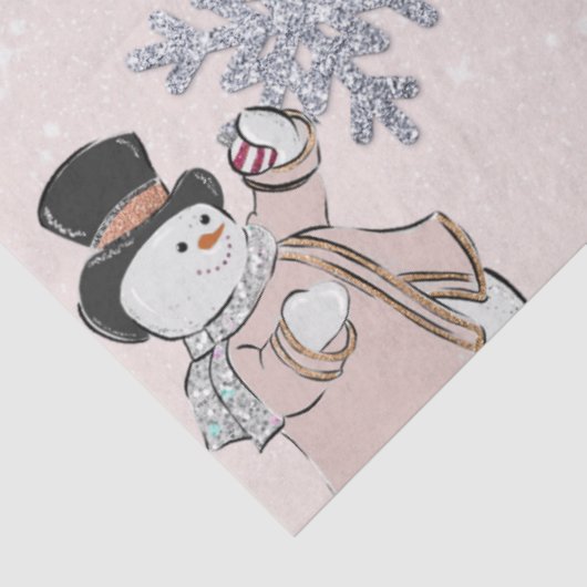 Sneeuwmannen en zilveren sneeuwvlokken Roze Kerst Tissuepapier (Detail)