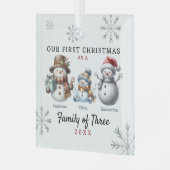 Sneeuwmannen familie van drie eerste kerstdagen glas ornament (Voorkant links)