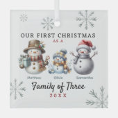 Sneeuwmannen familie van drie eerste kerstdagen glas ornament (Voorkant)