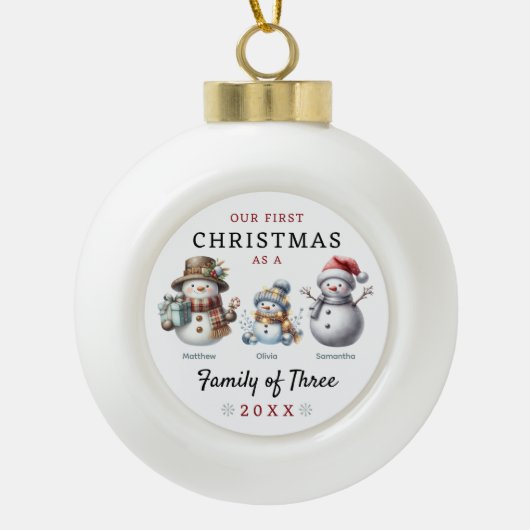 Sneeuwmannen familie van drie eerste kerstdagen keramische bal ornament (Voorkant)