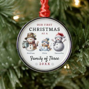 Sneeuwmannen familie van drie eerste kerstdagen metalen ornament