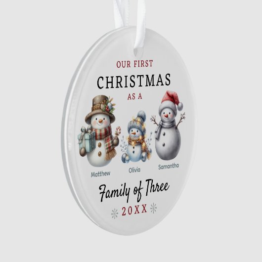 Sneeuwmannen familie van drie eerste kerstdagen ornament (voorkant)