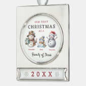 Sneeuwmannen familie van drie eerste kerstdagen verzilverd banner ornament (Links)