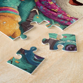 Sneeuwmannen in design-skiuitrusting op de pistes legpuzzel (Zijkant)