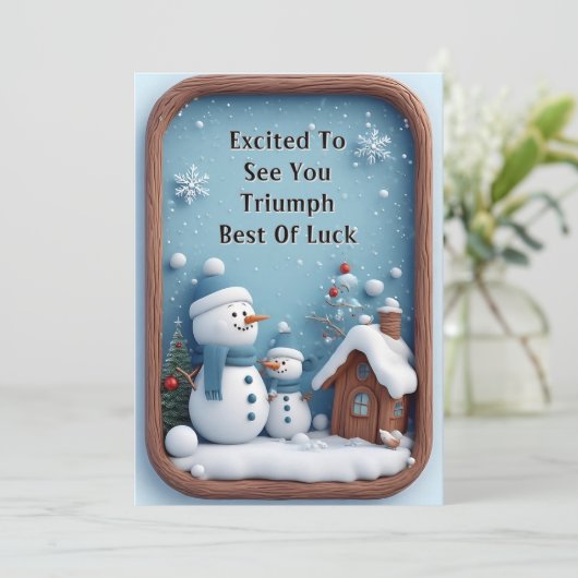 Sneeuwmannen in een winterlandschap met sneeuwvlok feestdagenkaart (Staand voorkant)