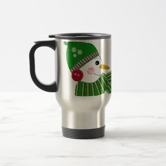Sneeuwmannen in groene en rode accessoires reisbeker (Links)