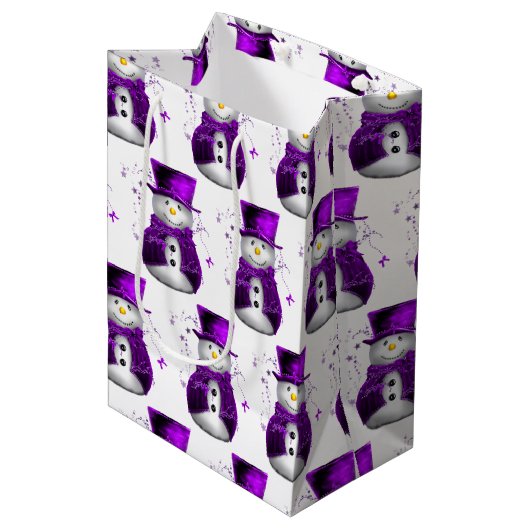 Sneeuwmannen in Paarse Fluweel Elegante Kerstmis Medium Cadeauzakje (Voorkant Gekanteld)