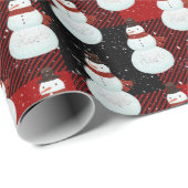 Sneeuwmannen in Sneeuwvlokken op Plaid Cadeaupapier (Rol Hoek)