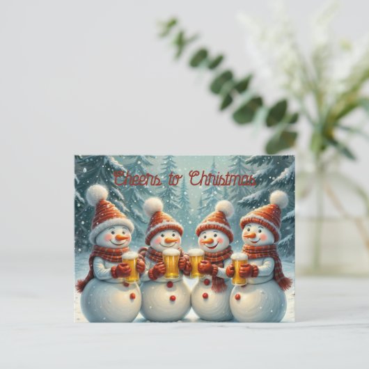 Sneeuwmannen juichen en toasten op Kerstmis Briefkaart (Staand voorkant)