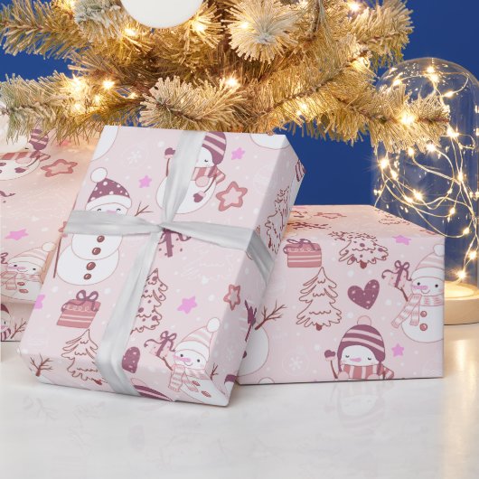 Sneeuwmannen Kerst Ornamenten Gifts Roze Kerstmis Cadeaupapier (Feestdagen)