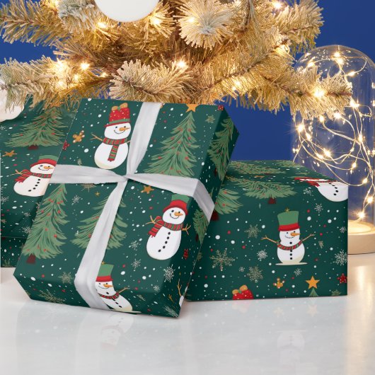 Sneeuwmannen Kerstbomen Groene Kerstmis Cadeaupapier (Feestdagen)